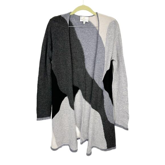 belle france Gray Color Block Cashmere Open Front Long Cardigan Sweater Medium - Picture 1 of 12
